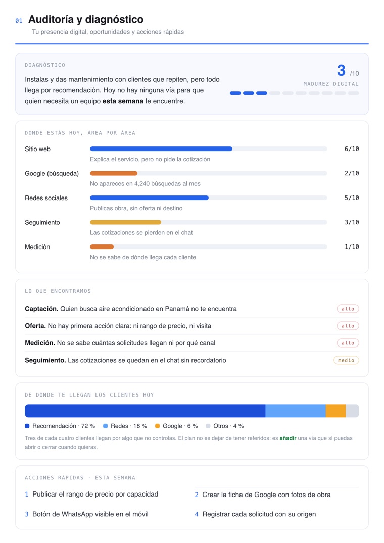 Página de auditoría y diagnóstico de la presencia digital